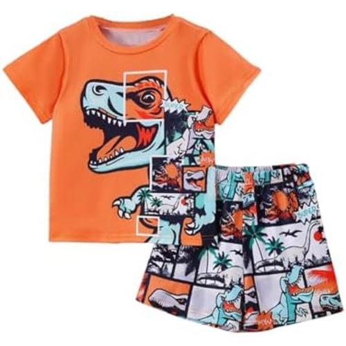 Toddler Boys Dinosaur 2PCS Outfit Kids Comic Print T-Shirt and Shorts Summer Clothes for Little Boy 5-10Y