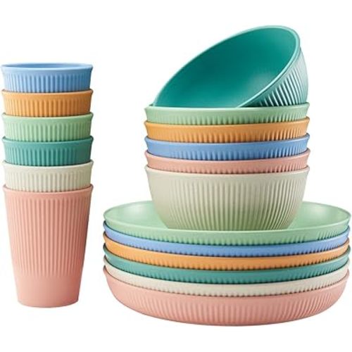 18pcs Wheat Straw Dinnerware Sets, HXYPN Unbreakable Reusable Dinnerware Set Kitchen Cups Plates and Bowls Sets Dishwasher Microwave Safe Plates