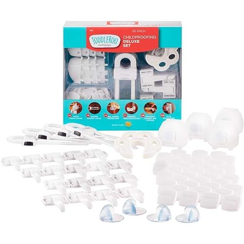 Toddleroo by North States - Childproofing Deluxe Kit: 4 Knob Covers, 4 Sliding Cabinet Locks, 4 Gel Corner Protectors, 1 Door Pinch Guard, 18 Drawer Locks, 34 Plug Protectors - 65 Piece Set - White