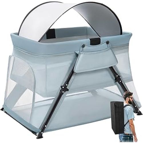 Lilian&Gema 2-in-1 Travel Crib, Portable Crib with Backpack, Lightweight Baby Travel Playpen, Foldable Play Yard with Thick Mattress for Babies & Toddlers, Baby Travel Essential
