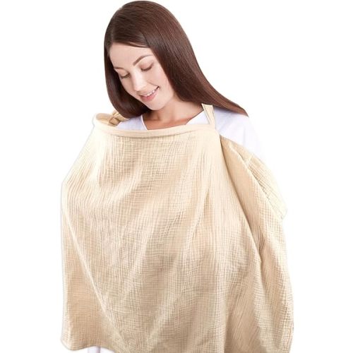Muslin Nursing Cover, Soft Cotton Breastfeeding Cover for Summer, Breathable Privacy Nursing Covers for Baby Breastfeeding, Wheat