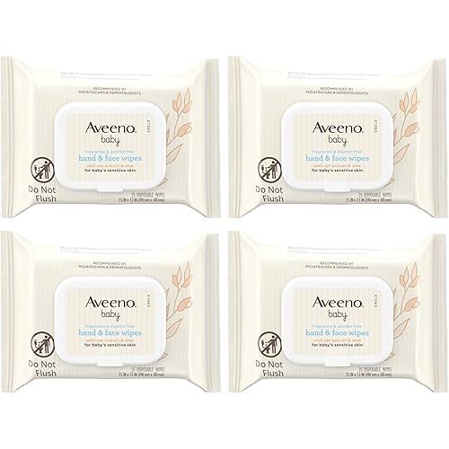 Aveeno Baby Fragrance-Free Hand & Face Wipes with Oat Extract & Aloe, Cleansing & Moisturizing Baby Wipes for Sensitive Skin, Sulfate-, Alcohol-, Paraben- & Dye-Free, Hypoallergenic, 25 ct (Pack of 4)