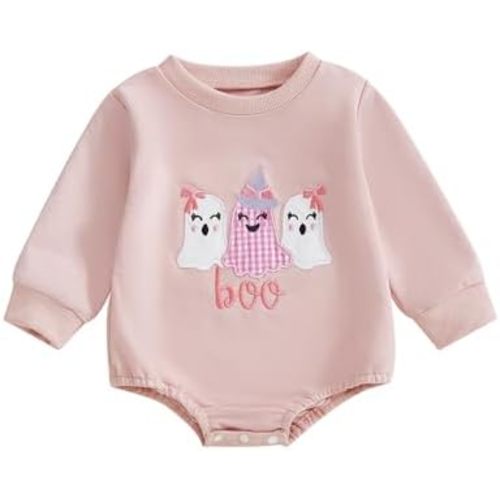 Newborn Baby Girl Halloween Outfit Cute Ghost Bubble Romper Sweatshirt Infant Toddler Onesie Fall Winter Clothes