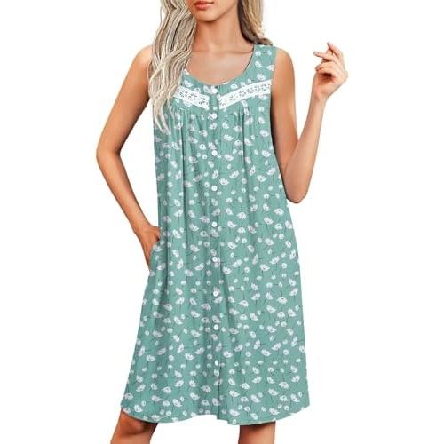 Ekouaer Nightgowns for Women Sleeveless House Dress Button Sleep Dress
