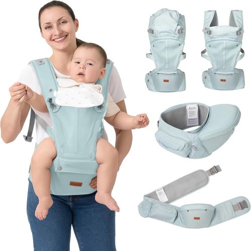 BabbleRoo Grow Carrier – Safety-Certified 6-in-1 Baby Carrier with Hip Seat, Ergonomic & Adjustable Toddler Carrier 7-50 lbs with Hip Support, Hood for Sun Protection, Newborn to Toddler, Seafoam