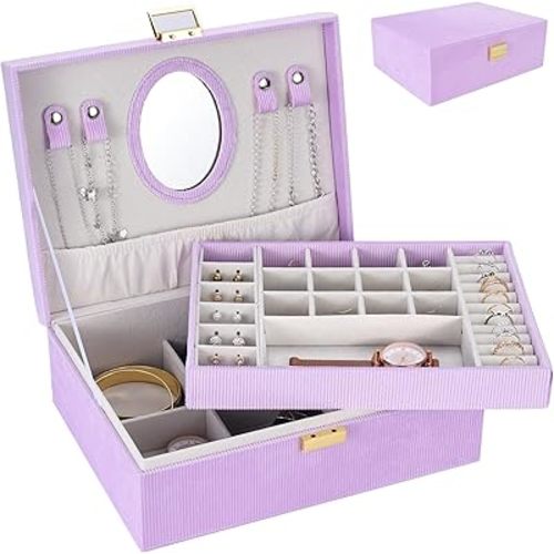 Dajasan Girl's Jewelry Box, Jewelry Organizer Box with Mirror, Velvet Jewelry Box for Little Girls Kids, Jewelry Gift Box for Christmas, Birthday, New Year (Purple)