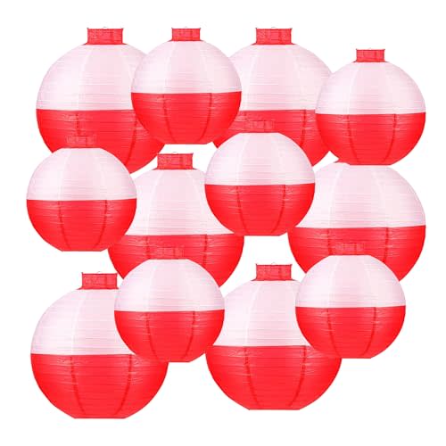 12 pcs Fishing Bobber Paper Lanterns Hanging Fish Shaped Ball Decorations Red and White Paper Lanterns for Fishing Themed Party Decorations Birthday Decor Supplies