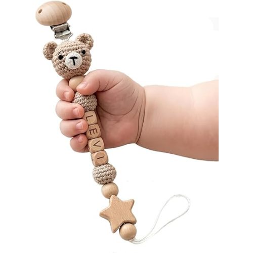 Crochet Animal Pacifier Clip with Name – Custom Wooden Name Pacifier Clip for Baby Boys and Girls