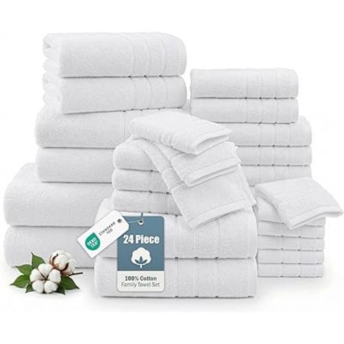 24 Piece Towels for Bathroom – 100% Cotton Bath Towel Set, 2 Bath Sheet, 2 Bath, 2 Gym Towel, 4 Fingertip, 6 Hand, 8 Washcloth, Ideal for Hotel & Everyday Use, Remains Soft After Every Wash – White