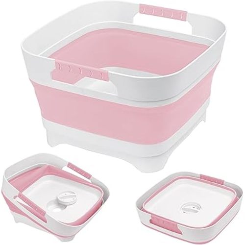 Upgraded 2.4 Gal (9L) Collapsible Dish Basin with Drain Plug, Space Saving Multiuse Foldable Sink Tub, Dishpan, Beverage Tubs for Camping, Vegetable Washing, RV(Pink)