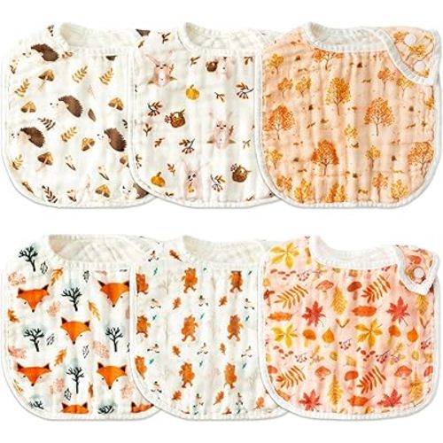 Zainpe 6Pcs Snap Muslin Cotton Baby Bibs Autumn Fall Leaf Fox Pattern Infants Drool Cloths Adjustable Burp Cloth Soft Absorbent Feeding Bib for Newborn Girl Boy Toddler Teething Eating 0 to 36 Months