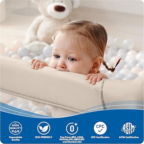 Sweeby Baby Playpen, 59x59 Inch Gate Foldable for Babies and Toddlers, Extra Large with Door Play Yard for Fence Indoor and Outdoor, Light Khaki