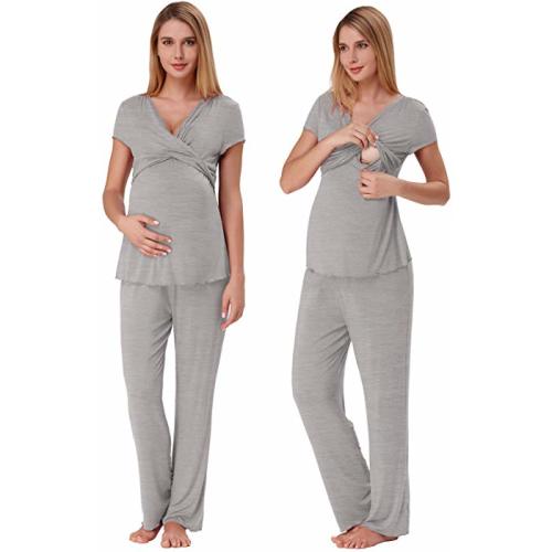 Women Ultra Soft Maternity & Nursing Pajama Set Pregnancy Sleepwear ZE0045 - Small - Grey