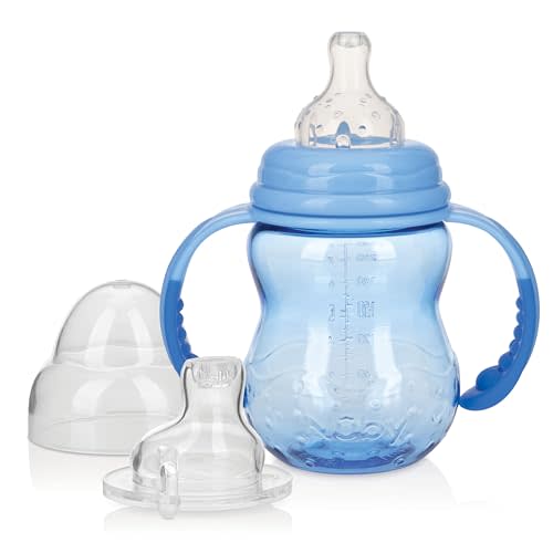 Nuby 3 in 1 Baby Bottle to Training Sippy Cup - 8 oz - Spill-Proof Toddler Sippy Cups with Easy Grip Handles - Dishwasher Safe - 3+ Months - Blue