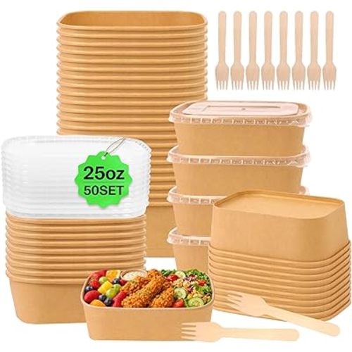 50 Pack 25 oz Paper Food Containers with Lids, Meal Prep Containers Disposable Large Paper Bowls, Microwavable and Freezer Storage Use Cardboard Food Containers