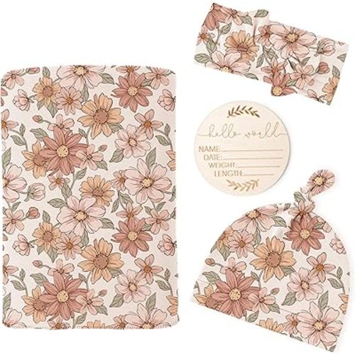 Konssy Baby Girl Newborn Receiving Blanket with Matching Headband and Beanie Set Baby Swaddle Nursery Swaddle Wrap