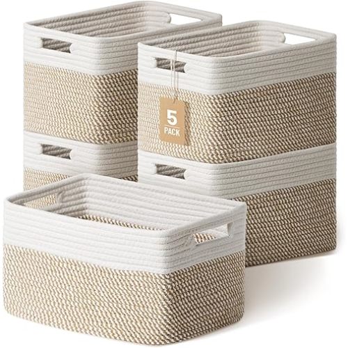 5 Pack Woven Storage Baskets for Shelves, Decorative Basket Organizer Storage Bins for Toys, Books, Clothes, Closet, Nursery, Bathroom – Cotton Rope Shelf Baskets for Organizing, Khaki & White