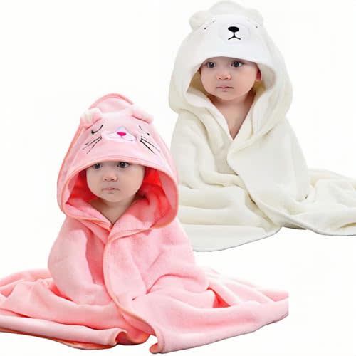 2 Pcs Baby Hooded Towels,31 x 31 in Baby Washcloths, Infant Super Soft Baby Bath Towels with Hood for Toddlers1-3,Highly Absorbent Viscose Hooded Towel for Boys, Girls, Newborn Essentials