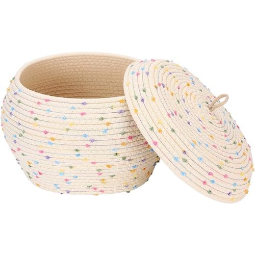Sea Team Round Cotton Rope Storage Basket with Lid, Colorful Rainbow Pompom Woven Storage Bin, Pot, Caddy, Organizer, Container for Snacks, Towels, Plants, 13 x 9 Inches (Large, Rainbow)