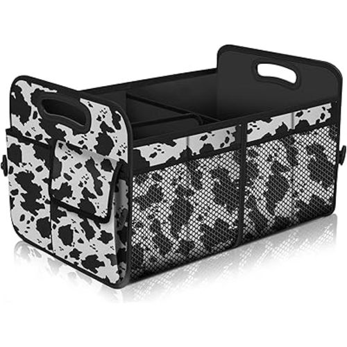 Femuar Car Trunk Organizer,Car Storage Organizer with 72L Large Capacity Waterproof Collapsible and 11 Pockets,Trunk Organizer for Car Suv/Jeep/Sedan, Large Size, Cow print