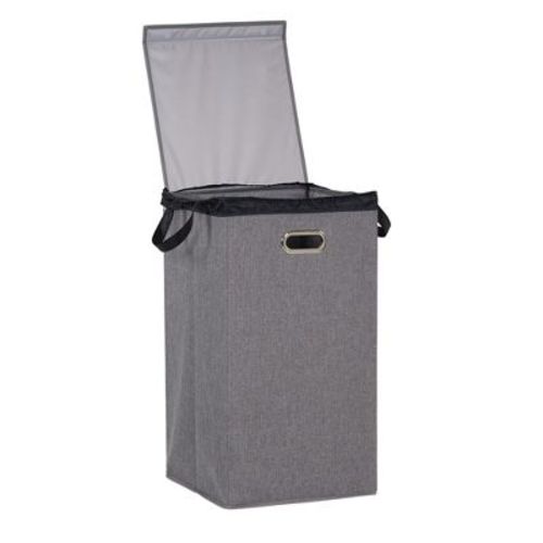 Laundry Hamper with Lid, Sturdy Polyester Sides with Attached Magnetic Lid, Gray