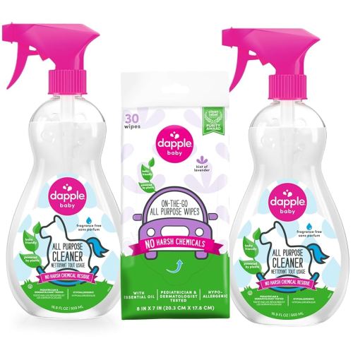 Dapple Baby All Purpose Cleaning Spray, Hypoallergenic for Toys, High Chairs, Swings, Counters, Powered by Plants, 1 Pump Included, Fragrance Free, 16.9 Fl Oz (Pack of 2) + 30 Count Wipes