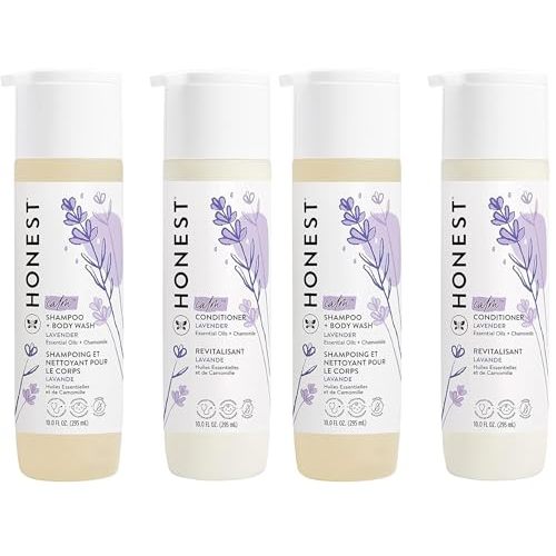 The Honest Company Silicone-Free Conditioner & 2-in-1 Cleansing Shampoo Body Wash Duo Gentle for Baby,Naturally Derived,Lavender Calm,20 fl oz,(Pack of 4)