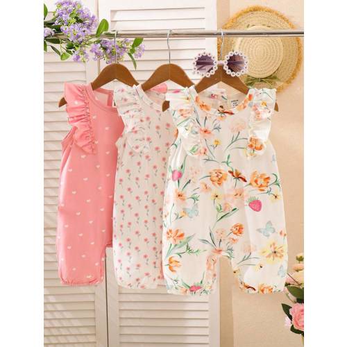 SHEIN Playful Pals 3pcs/Set Baby Girls Ivory & Pink Sweet Floral Print Cap Sleeve Romper, Casual Comfortable Minimalist Cute Jumpsuit For Summer, Versatile For Outings & Home | SHEIN USA