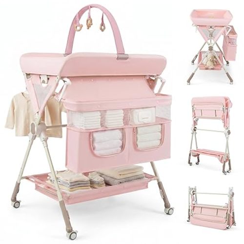 INFANS Portable Baby Changing Table with Wheels, Foldable Diaper Changing Station with Adjustable Heights, Large Organizer Storage for Newborn Infant (Pink)