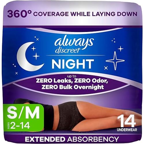 Always Discreet Adult Incontinence Overnight Underwear for Women, Small/Medium, Up to 100% Bladder Leak Protection, 14 Count