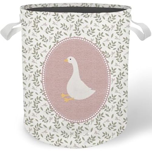 Pink Goose Nursery Laundry Basket, Cottagecore Botanical Goose Floral Laundry Basket Hamper Waterproof Collapsible Clothes Toys Storage Bin for Girls Nursery Bedroom Bathroom Home