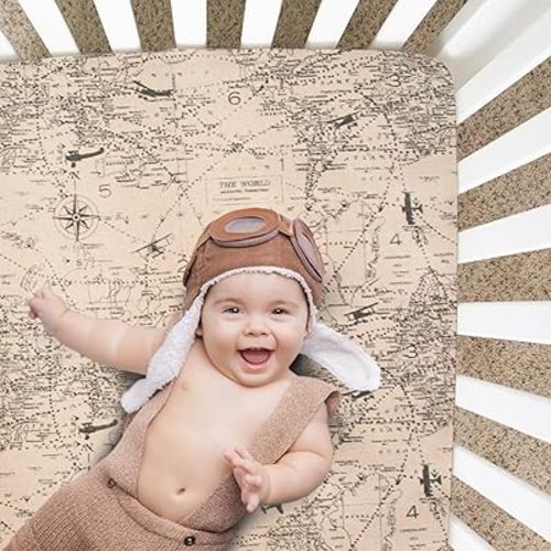 Glenna Jean Fitted Crib Sheet – 100% Cotton Baby Sheet – Map Adventure Travel Airplane Theme – Neutral Vintage World Map Nursery Bedding – Machine Washable – For Baby Boy or Girl – Soft and Breathable