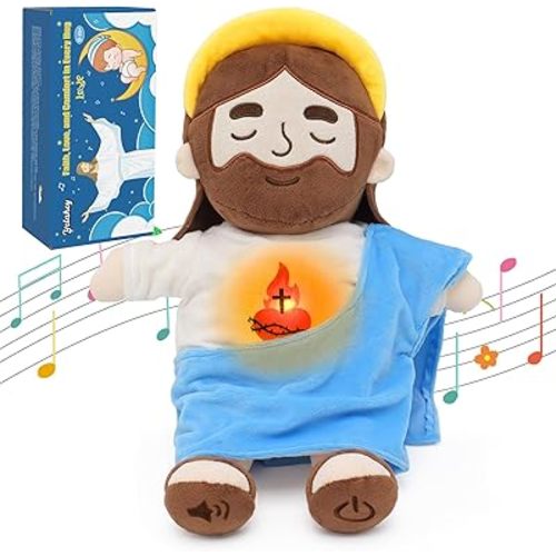 Yelakey Soothing Jesus Plush Toys with Light & Sound, 15" Jesus Stuffed Breathing Plushy Doll, Christian Catholic Religious Plushie Christmas Easter Gifts for Kids Baby (Blue)