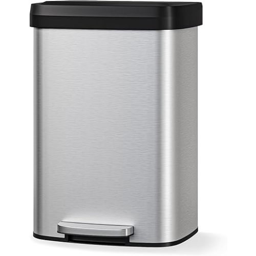 Garvee 13 gal / 50 L Stainless Steel Trash Can with Lid, Large Garbage Can for Kitchen, Rustproof Step-on Kitchen Metal Trash Bin with Liner Rim, Rear Handle, Soft Close Plastic Lid, Silver