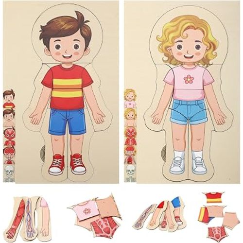 RattanView Human Body Anatomy Puzzle for Kids 2 Pack, Wooden Layered Body Parts Puzzle for Boys and Girls, Preschool Learning Toy for Understanding Skin Muscles Organs Bones, Teaching Aid (White)