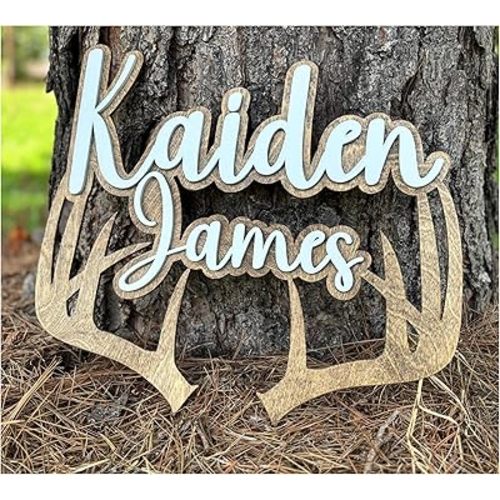 Hunting theme nursery deer antler name sign for above the crib wall decor (30 inch wide)