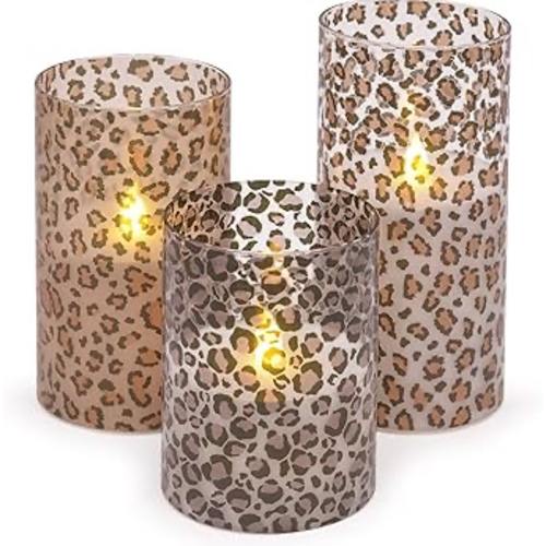 Mark Feldstein & Associates Wild Leopard Animal Print Flameless LED Glass Pillar Candles, Set of 3, 6 Inch