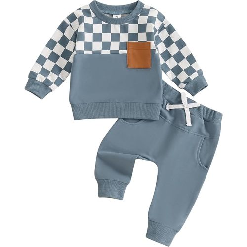 Toddler Baby Boy Fall Outfit Checkerboard Patchwork Long Sleeve Sweatshirts Elastic Waist Pants Cute Newborn Clothes Set
