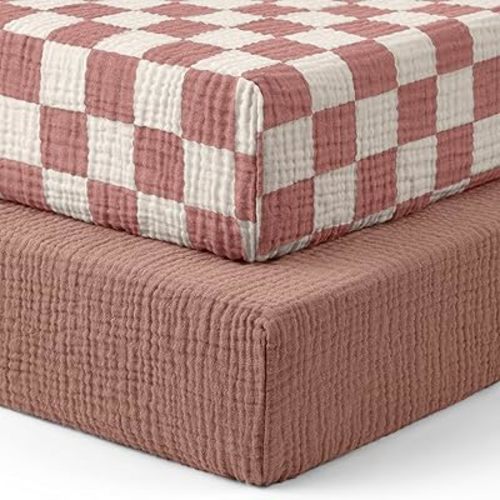 Blissful Diary Muslin Crib Sheets for Girl Boy, Boho Neutral Soft Cotton Baby Sheet for 52''x28'' Standard Crib Mattress, 2 Pack(Dusty Pink Checkboard & Dusty Pink)