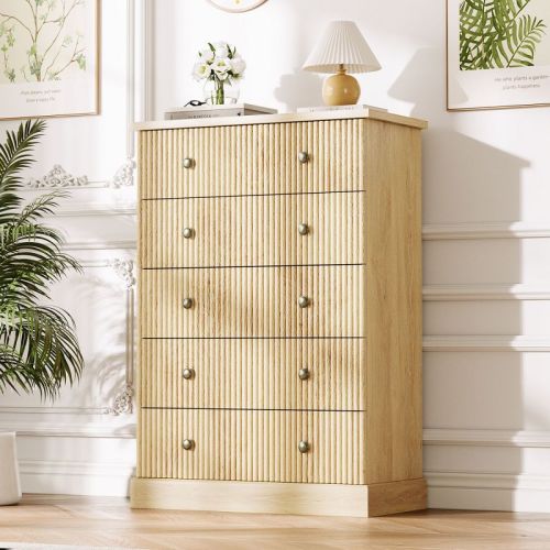 5 Drawer Tall Dresser for Bedroom, Fluted Vertical Chest of Drawers, Wood Storage Dresser with Metal Handles, Space Saving Dresser,Natural