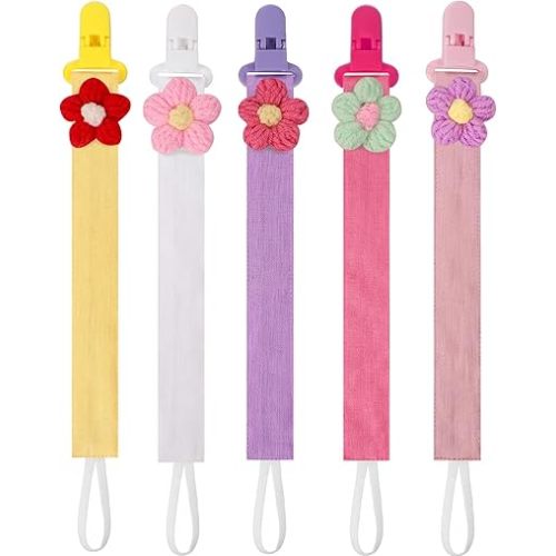 5 Pack Pacifier Clips for Baby Girls, Multicolor Fabric Straps,5pcs Straps, Approx. 11 in / 29 cm, Resin Clips with Inner Grip Design, Fits Most Pacifiers with Handles(8)
