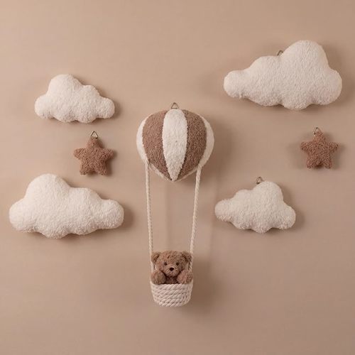 Chumia 7 Pcs Teddy Bear and Moon Wall Decor Nursery Wall Art with Clouds Stars Soft Plush Baby Room Decor Gender Neutral for Bedroom Decoration (Hot Air Balloon)