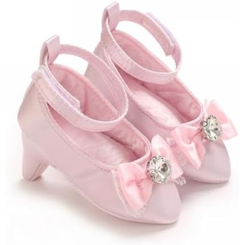 Baby Girls Princess Shoes with High Heels Bow Diamond Decor Soft Sole Non-Slip Newborn Infant First Walking Shoes