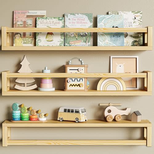 Upgraded Thick Floating Shelves - 24 Inch Multi-Use Wall-Mounted Bookshelves for Kids and Nursery, Ideal for Books, Toys, Spice Rack, Decor - Natural Wood