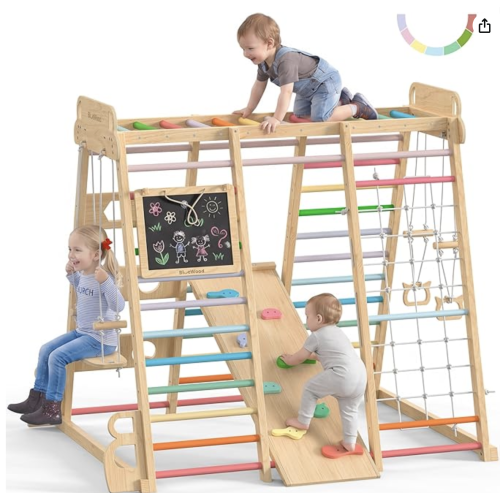 BlueWood Upgraded Indoor Jungle Gym 14-in-1 Playground Kids Climbing Toys, Waldorf Style Wooden Climber Playset with Slide, Swing, Monkey Bars, Upright/Rope Ladder, Climb Net, Colorful