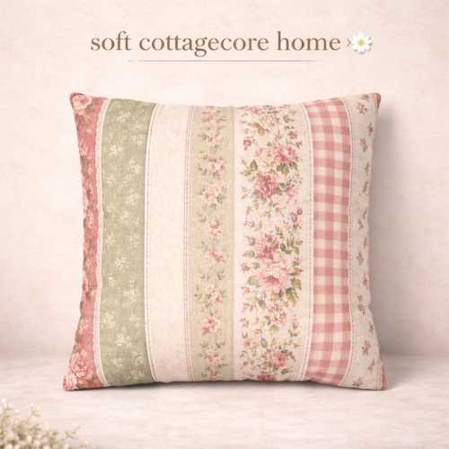 Cottagecore Floral Stripe Pillow Cover 18x18, Pink Sage Vintage Throw Pillow, Cozy Home Decor