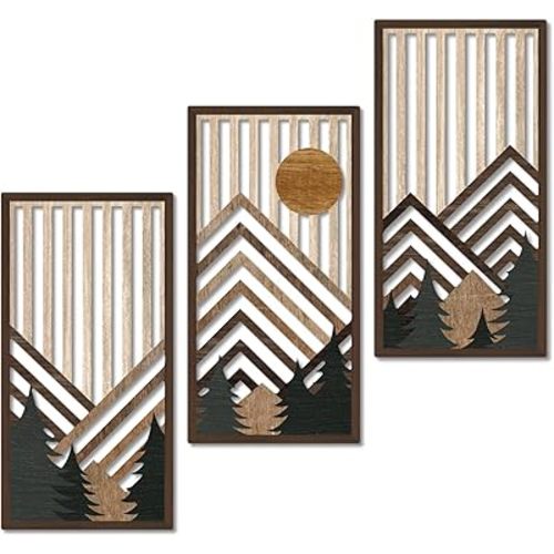 Putuo Decor Boho Mountain Wall Art Set of 3, Rustic Wooden Wall Decor, Nature-Inspired Geometric Artwork, Mid-Century Modern Aesthetic for Living Room, Bedroom, Office Brown 16.5 x 8.6 inch