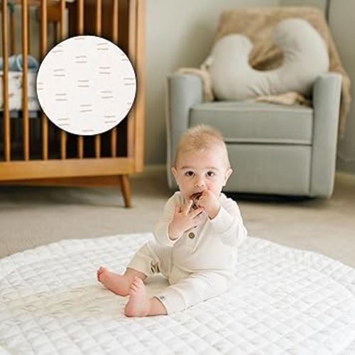 Round Baby Play Mat for Floor, 43" Reversible Tummy Time & Crawling Mat, Soft Cushioned Cotton Baby Playmat, Foldable & Machine Washable Activity Mat for Newborn to Toddler, Neutral Nursery & Playroom