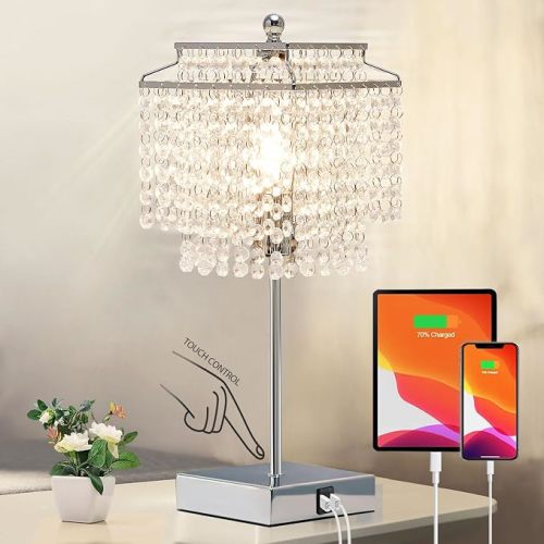 Touch Crystal Table Lamp Silver, Bedside Lamp with USB C+A Ports