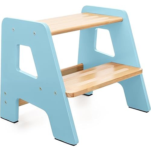 OCODILE 2-Step Wooden Step Stool for Toddlers | Kids Stool for Bathroom Sink & Kitchen Use | Non-Slip Step | Wooden Stool for Children Ages 2+ Years Blue